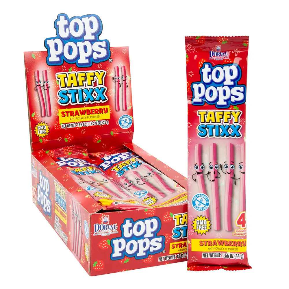 TOP POPS STRAWBERRY TAFFY STIXXm case 1.55 OZ 12 count TOP POPS STRAWBERRY TAFFY STIXXm case 1.55 OZ 12 count