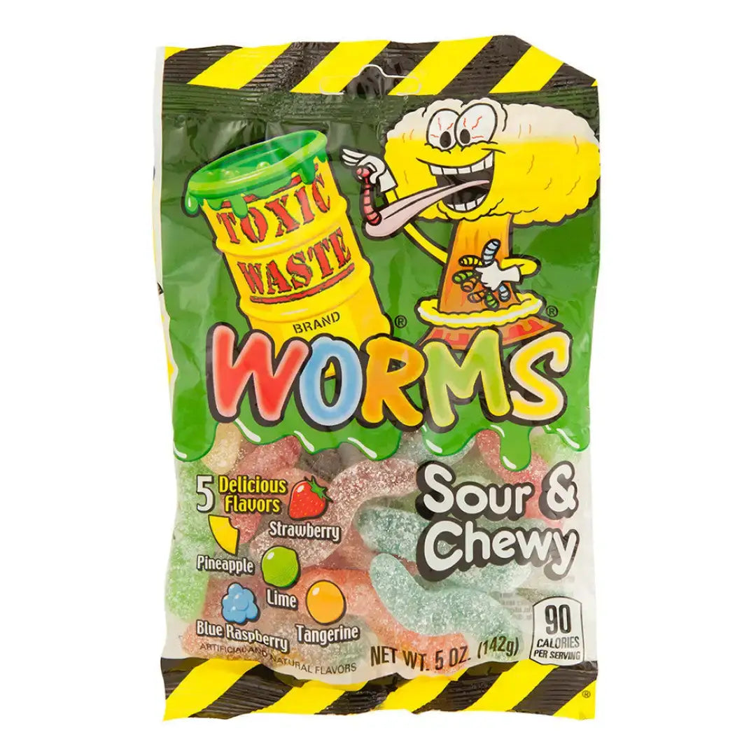 TOXIC WASTE SOUR AND CHEWY GUMMY WORMS 5 OZ PEG BAG- 12 ct TOXIC WASTE SOUR AND CHEWY GUMMY WORMS 5 OZ PEG BAG- 12 ct