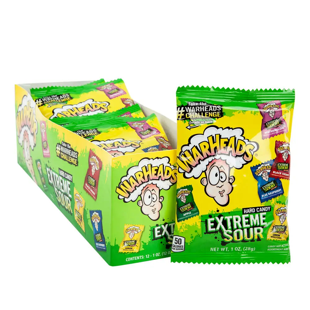 WARHEADS EXTREME SOUR ASSORTED HARD CANDY 28g/1 OZ BAG case WARHEADS EXTREME SOUR ASSORTED HARD CANDY 28g/1 OZ BAG case
