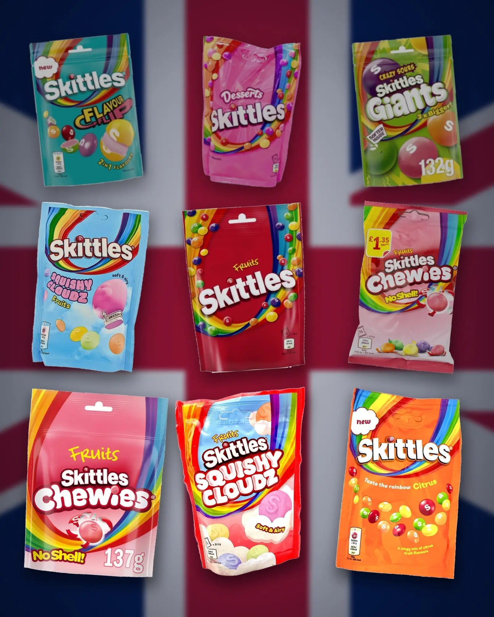 Nine UK Skittles pouches — Fruits, Crazy Sours, Giants, Chewies, Squishy Cloudz, Desserts, Citrus and Flavour Flip — over a Union Jack