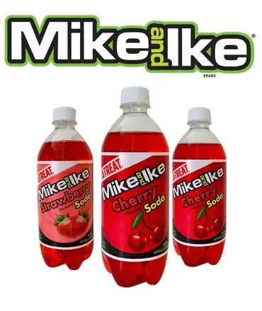 Three mike and ike strawberry and cherry soda bottles with red labels, white caps, and clear plastic bodies.