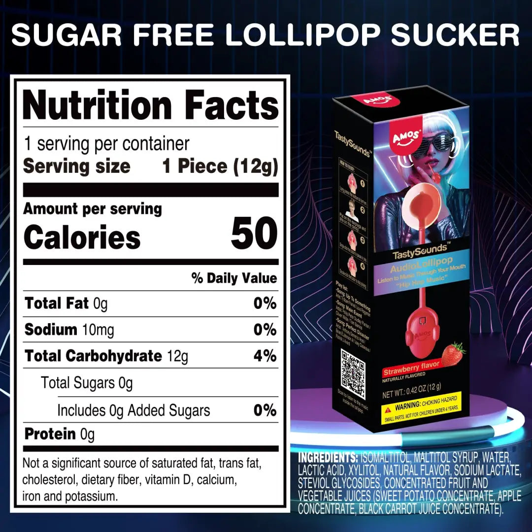 Amos TastySounds Strawberry Audio Lollipop 12g Case 12 Pack