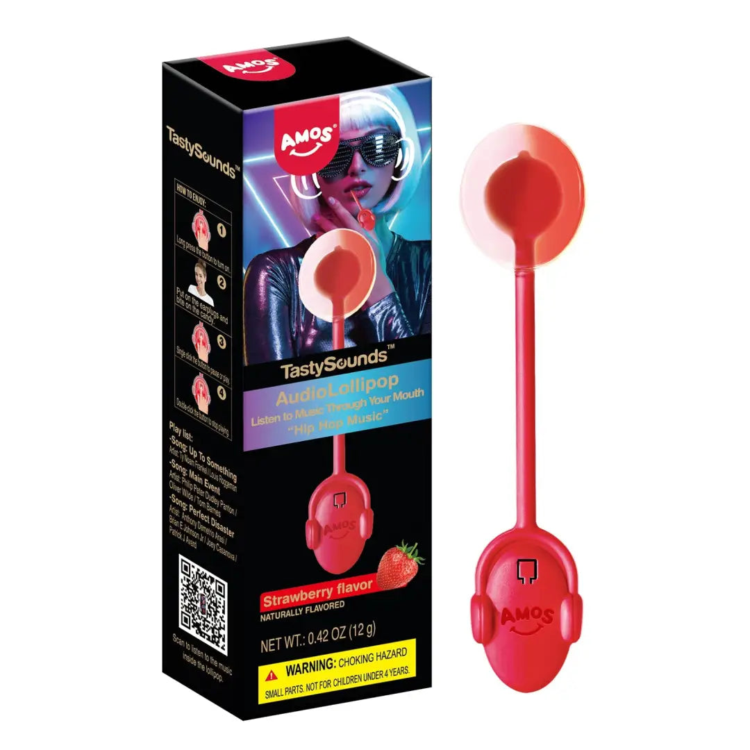 Amos TastySounds Strawberry Audio Lollipop 12g Case 12 Pack