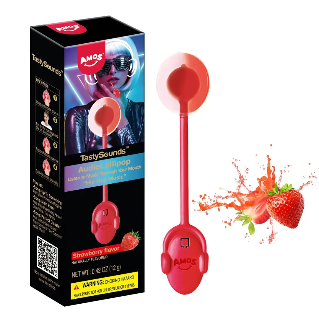 Amos TastySounds Strawberry Audio Lollipop 12g Case 12 Pack