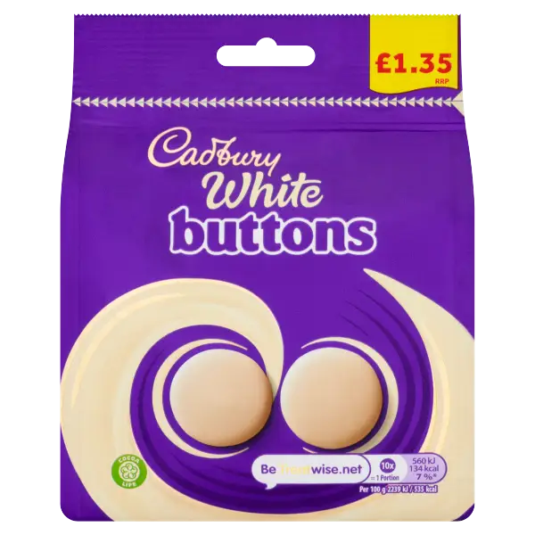 Cadbury White Buttons UK bag 85g case 10ct - chocolate