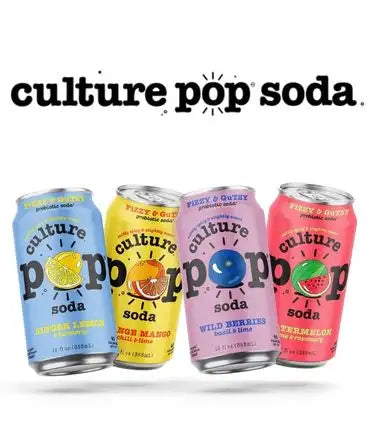 A row of colorful aluminum cans featuring the culture pop soda brand with vibrant fruit-themed designs and bold lettering.