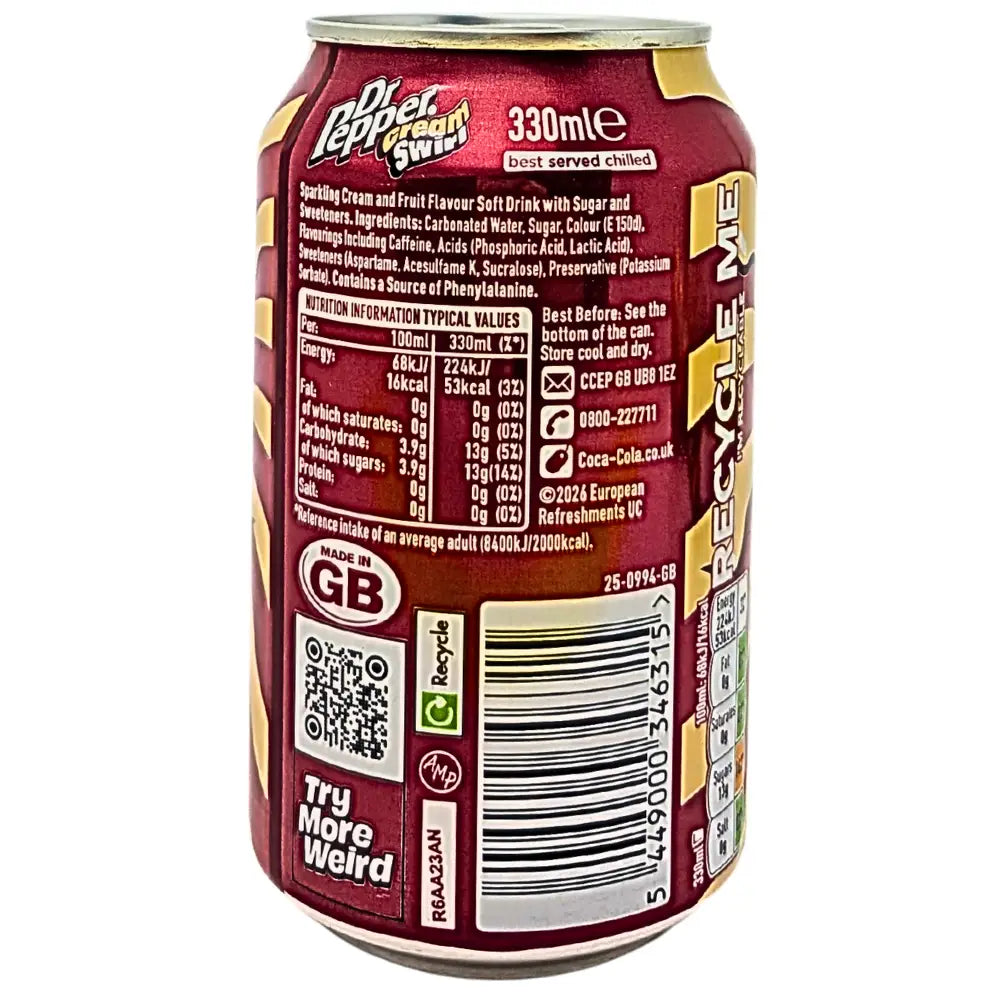Dr Pepper Cream Swirl Soda 330ml Can Case 24 UK Version