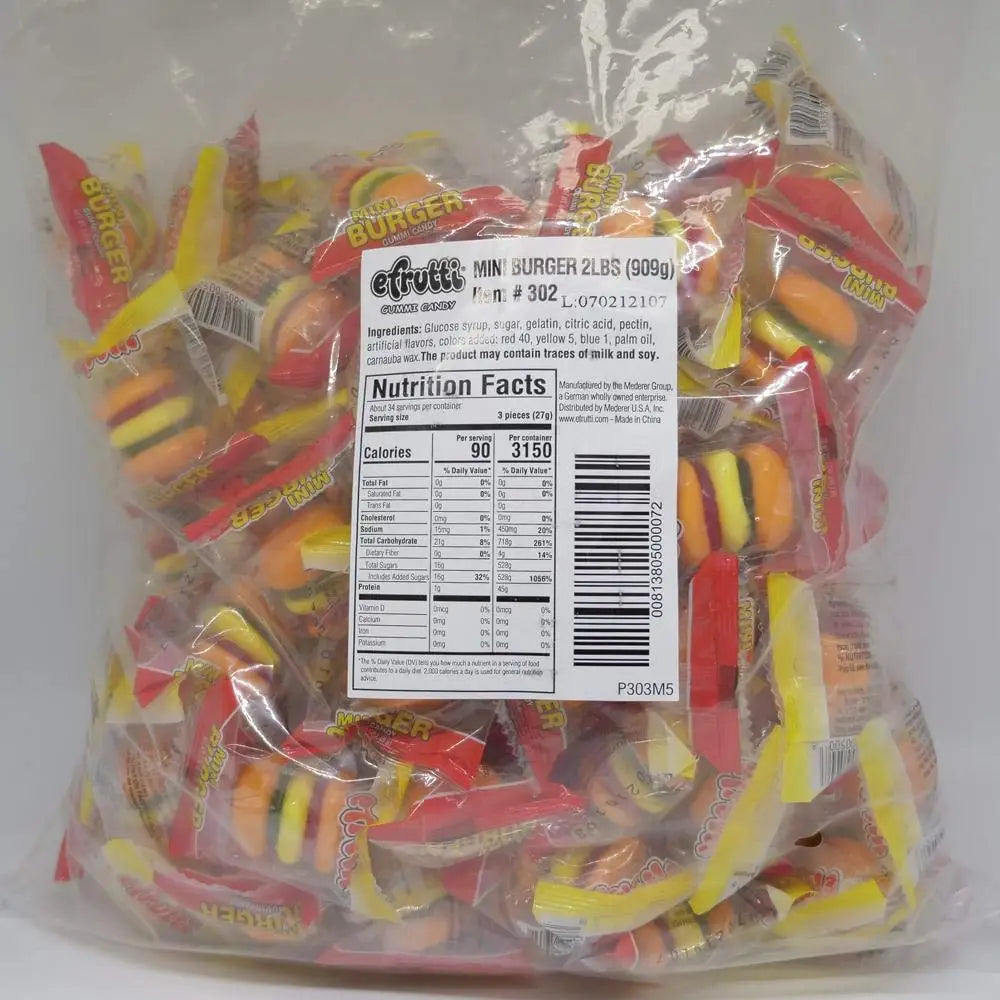 efrutti Mini Burger Gummy Candy 2 lb / 907g Bulk Bag, 101