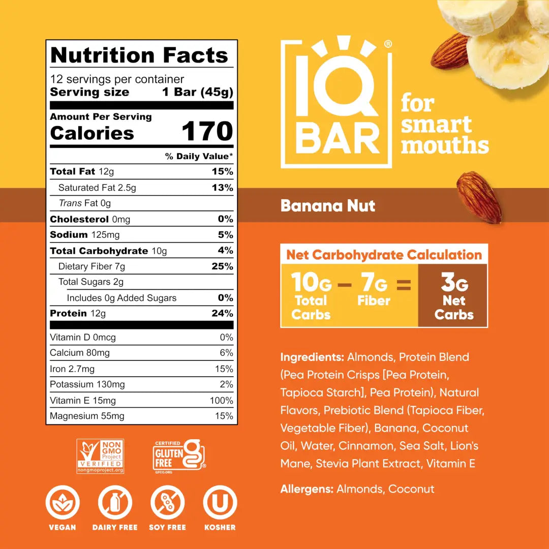 IQBAR Brain and Body Plant Protein Bars - Banana Nut - 12