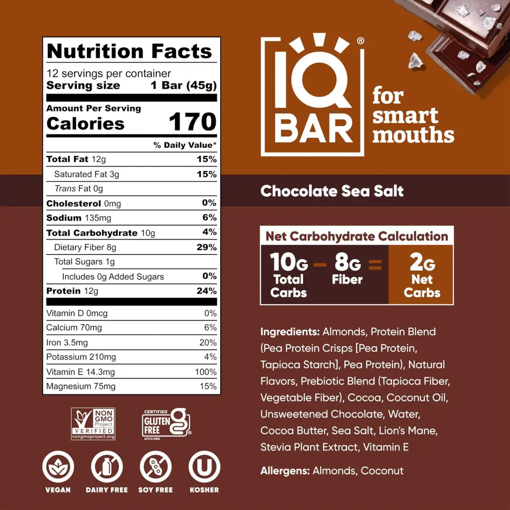 IQBAR Brain and Body Plant Protein Bars - Chocolate Sea