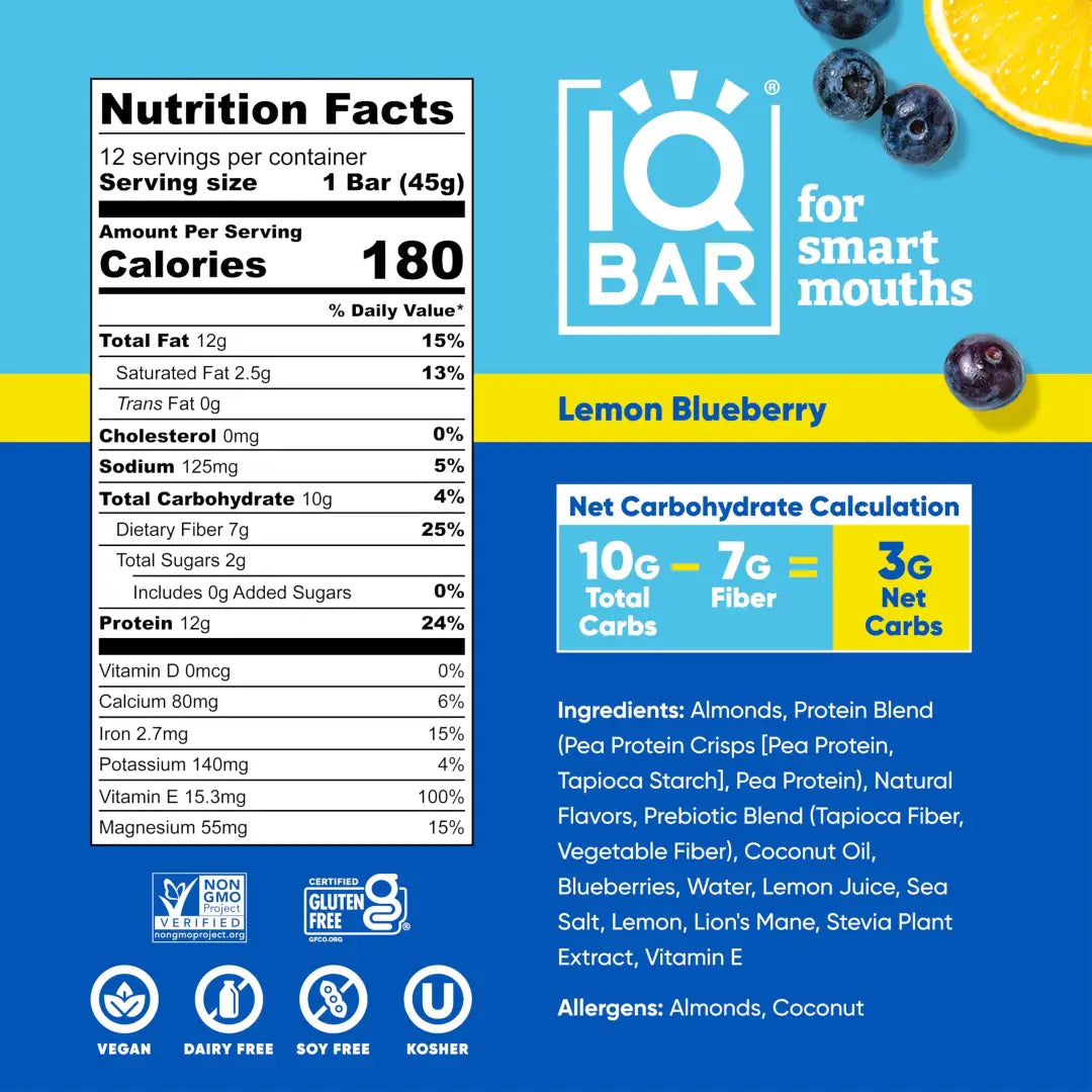 IQBAR Brain and Body Plant Protein Bars - Lemon Blueberry