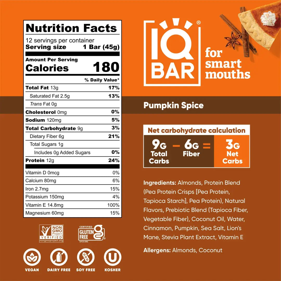 IQBAR Brain and Body Plant Protein Bars - Pumpkin Spice (12