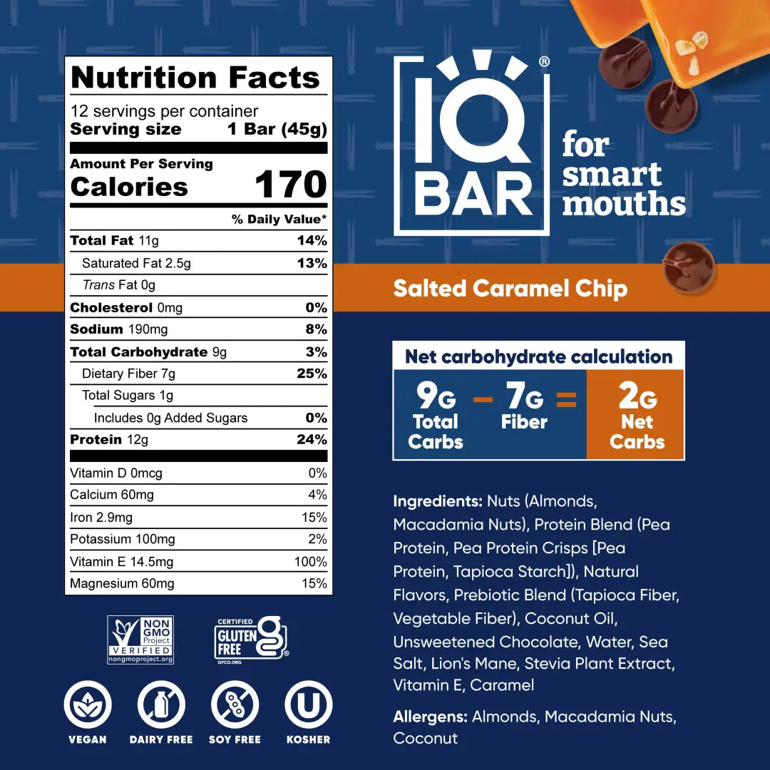 IQBAR Brain and Body Plant Protein Bars - Salted Caramel