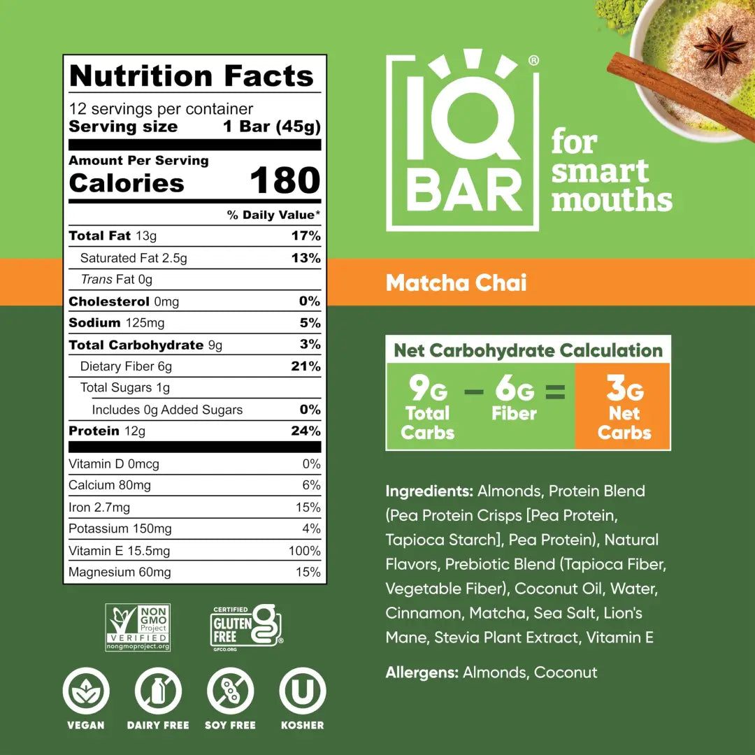 IQBAR Brain + Body Protein Bars Matcha Chai Keto Vegan