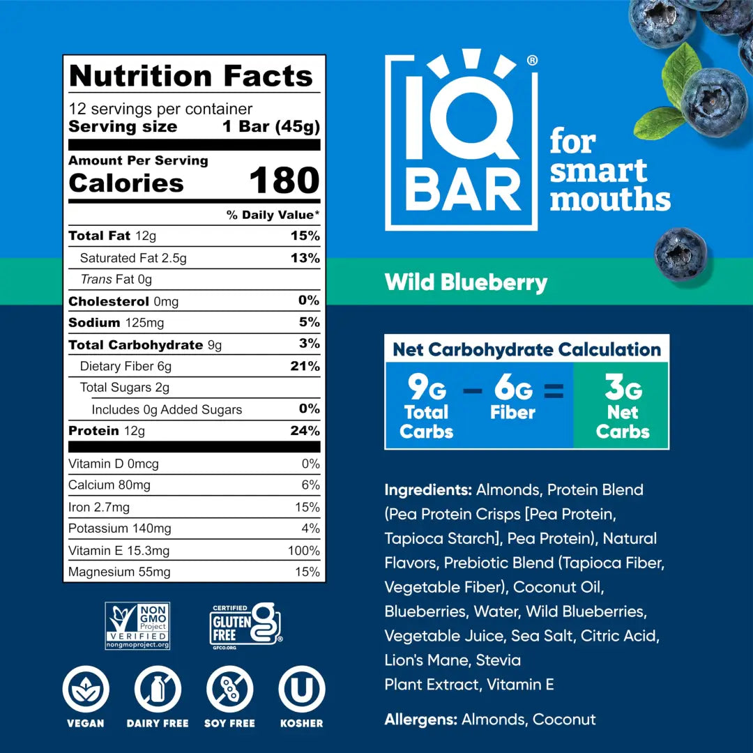 IQBAR Brain + Body Protein Bars Wild Blueberry Keto Vegan