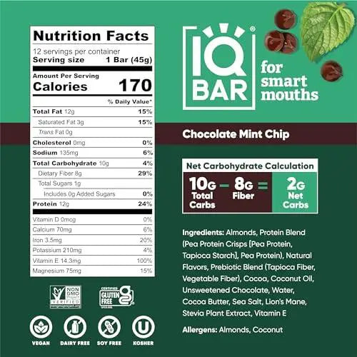 IQBAR Chocolate Chip MInt Brain and Body Plant Protein Bars