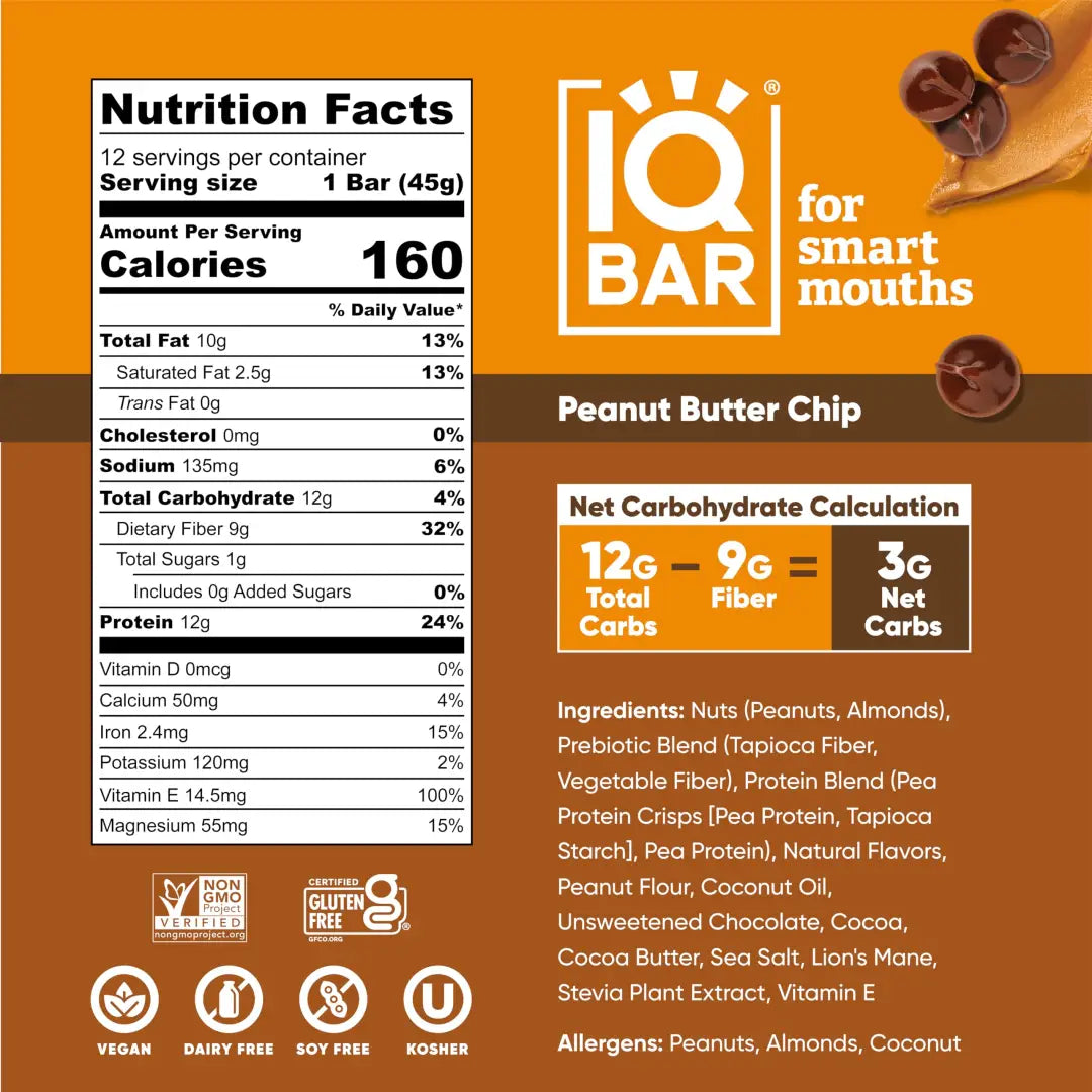 IQBAR Peanut Butter Chip Keto Bars Vegan Low Sugar 1.6