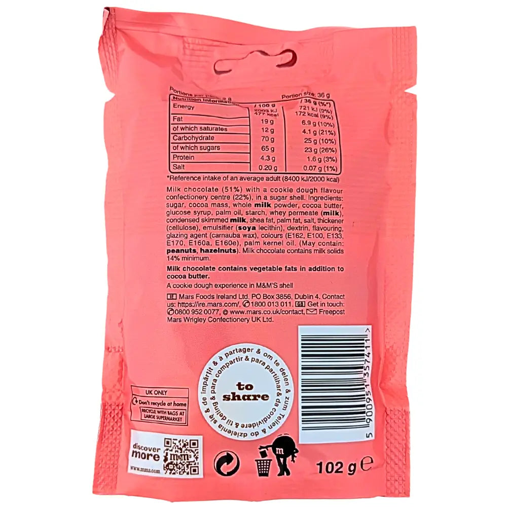 M And M Cookie Dough Candy With Shell 102g UK Case 13 Count