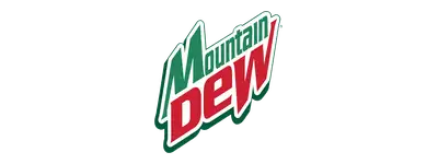 Mountain dew logo with bold red and green lettering on a white background.