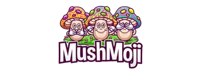 Mushmoji logo featuring three cartoon mushrooms with colorful caps and smiling faces above the brand name in purple lettering.