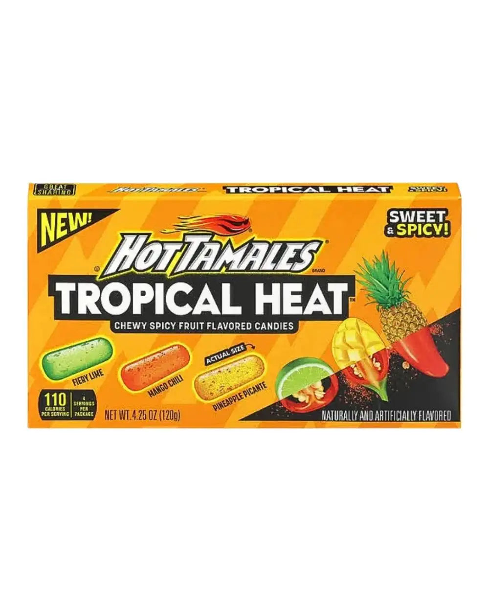 Orange and black package of hot tamales tropical heat chewy spicy fruit flavored candies.