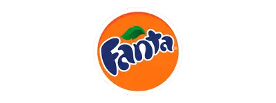Orange circular fanta logo with blue script and a green leaf.