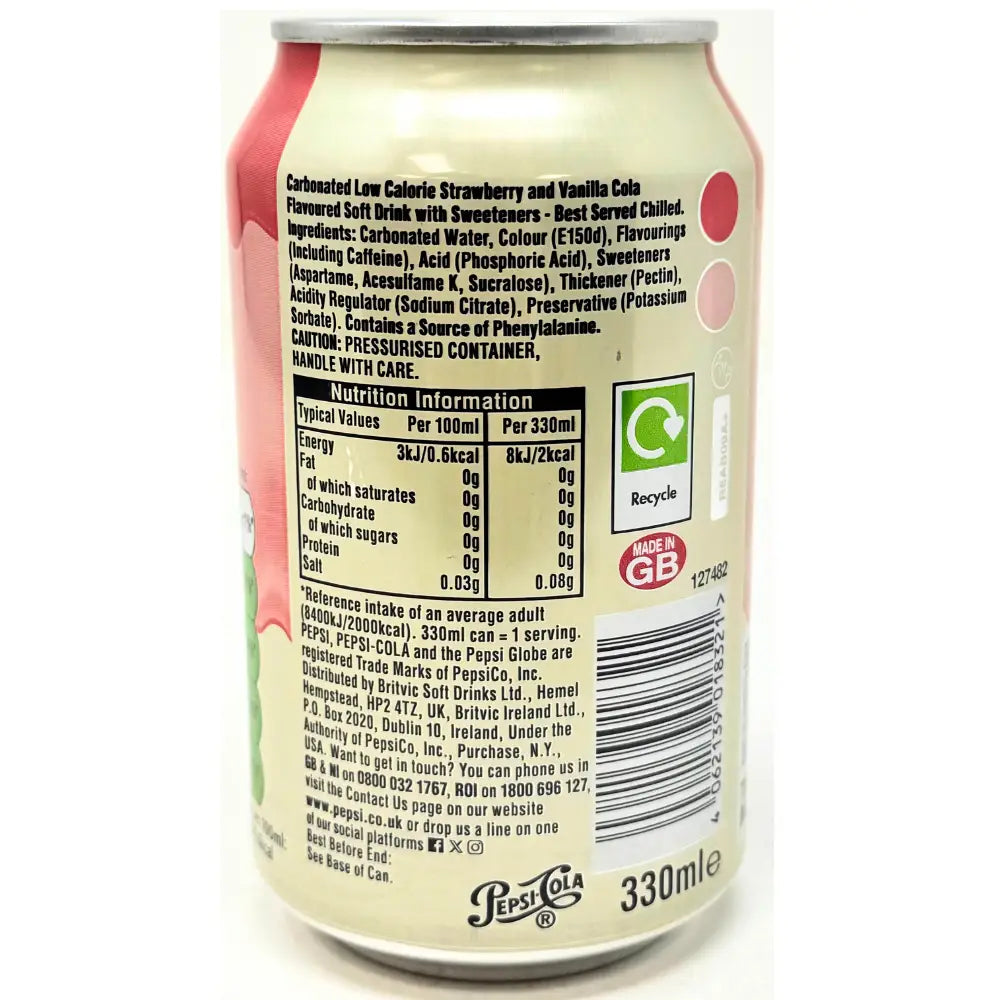 Pepsi Strawberries And Cream Zero Sugar 330mL UK Case Pack