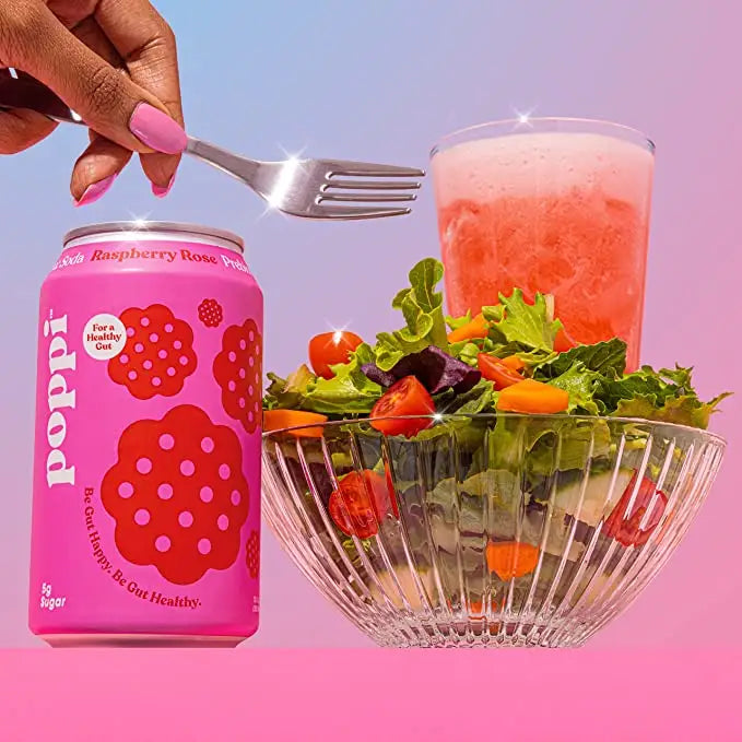 POPPI Sparkling Prebiotic Raspberry Rose Soda made