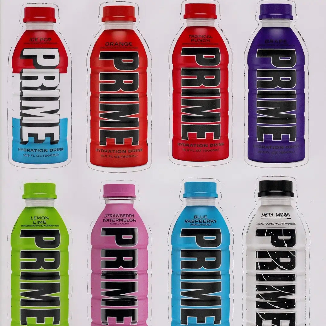 Prime Hydration Vinyl Sticker sheet 4’ high bottle 8-up