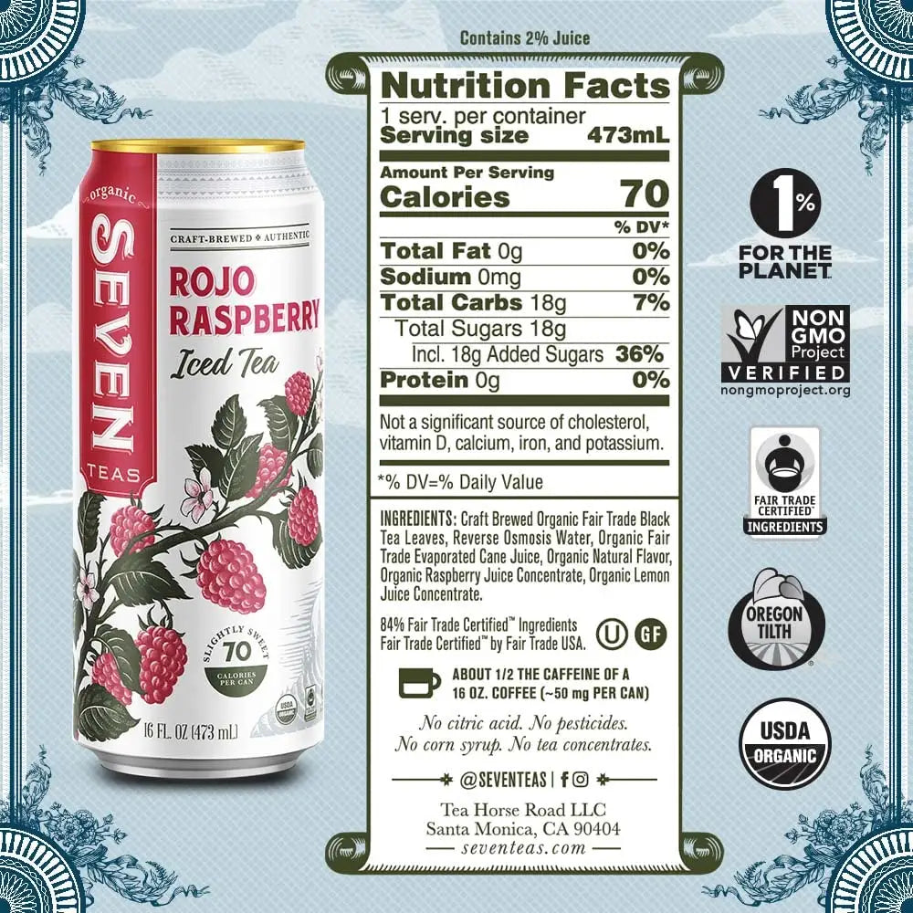 Seven Teas Rojo Raspberry Iced Tea 16fl oz 473ml-Case 12ct