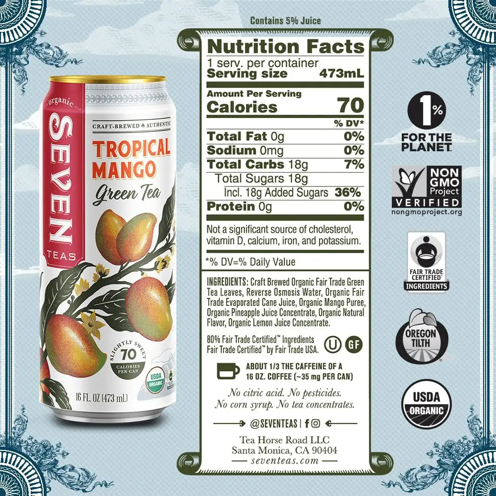 Seven Teas Tropical Mango Green Tea 16fl oz 473ml-Case 12ct