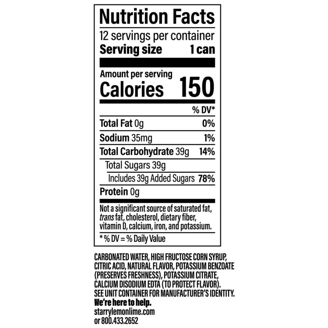 Starry Lemon Lime Soda Caffeine Free 12 Fl Oz Can Case 12