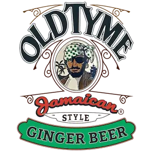 Old timey jamaican style ginger beer logo with a vintage pirate illustration and bold, stylized lettering.