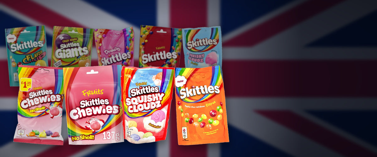 UK Skittles range — nine British Skittles pouches over a Union Jack