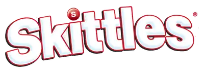 White and red skittles logo with a glossy finish.
